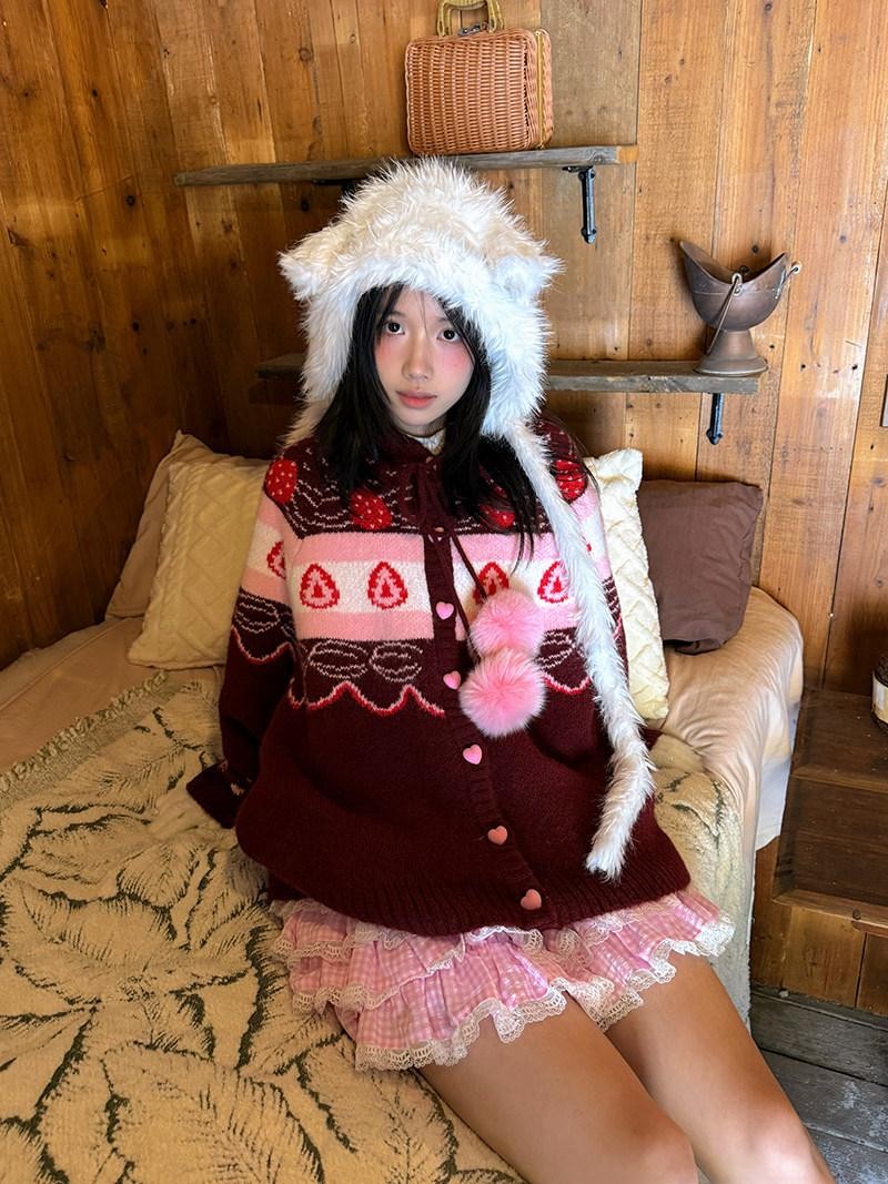 Daytoday Red Velvet Strawberry Cake Fair Isle Pom Pom Hooded Women&