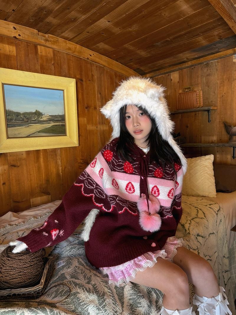 Daytoday Red Velvet Strawberry Cake Fair Isle Pom Pom Hooded Women&