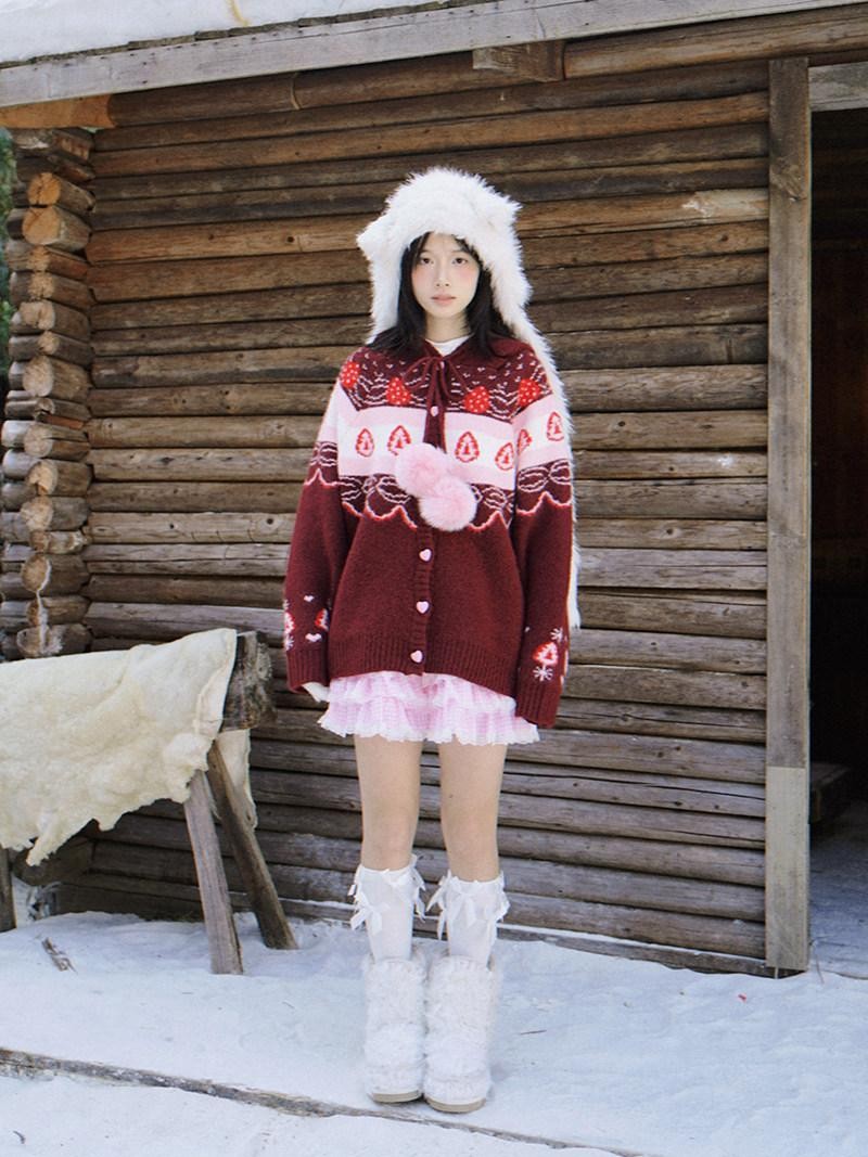 Daytoday Red Velvet Strawberry Cake Fair Isle Pom Pom Hooded Women&