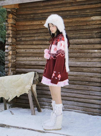 Daytoday Red Velvet Strawberry Cake Fair Isle Pom Pom Hooded Women&