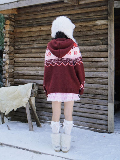 Daytoday Red Velvet Strawberry Cake Fair Isle Pom Pom Hooded Women&