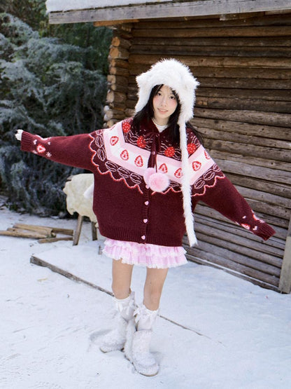 Daytoday Red Velvet Strawberry Cake Fair Isle Pom Pom Hooded Women&