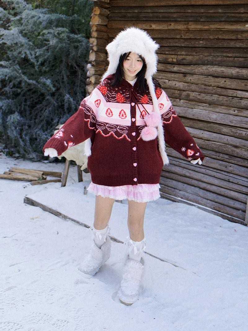 Daytoday Red Velvet Strawberry Cake Fair Isle Pom Pom Hooded Women&