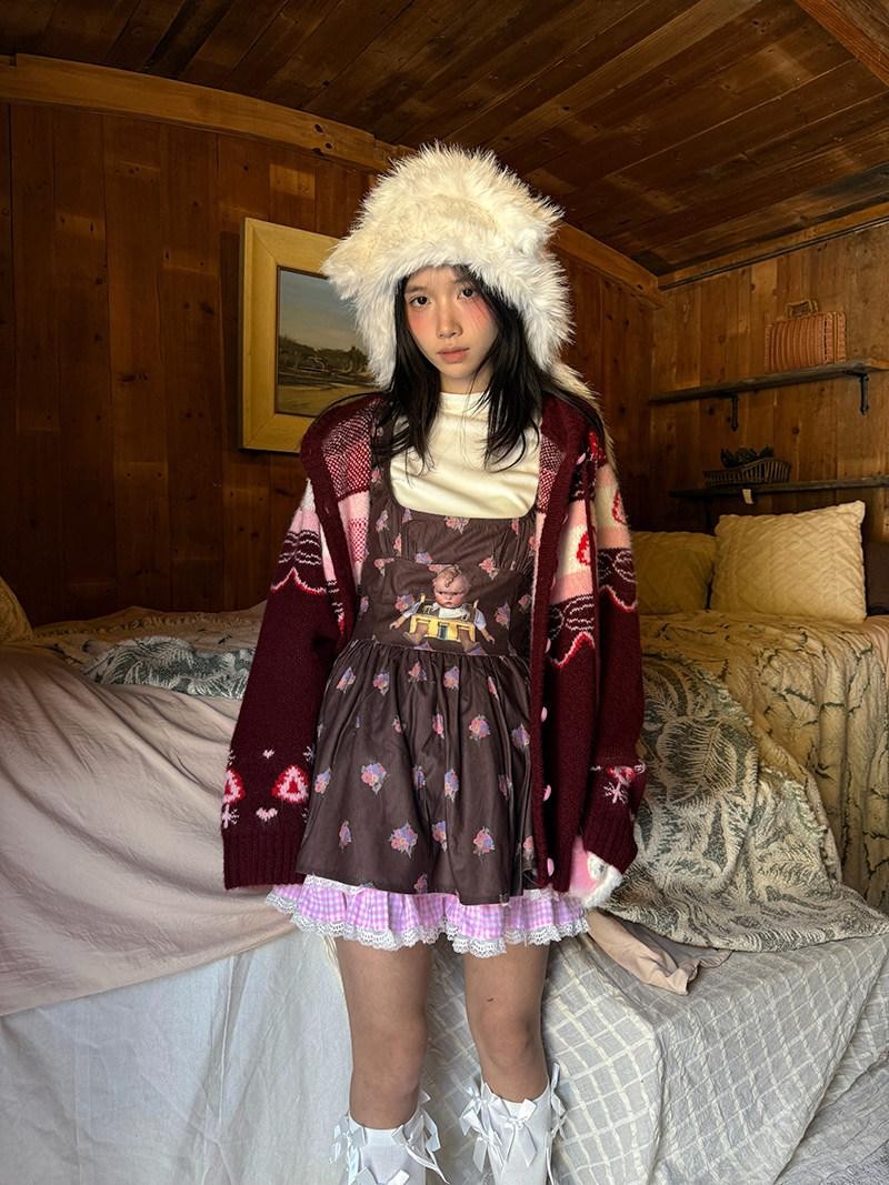 Daytoday Red Velvet Strawberry Cake Fair Isle Pom Pom Hooded Women&