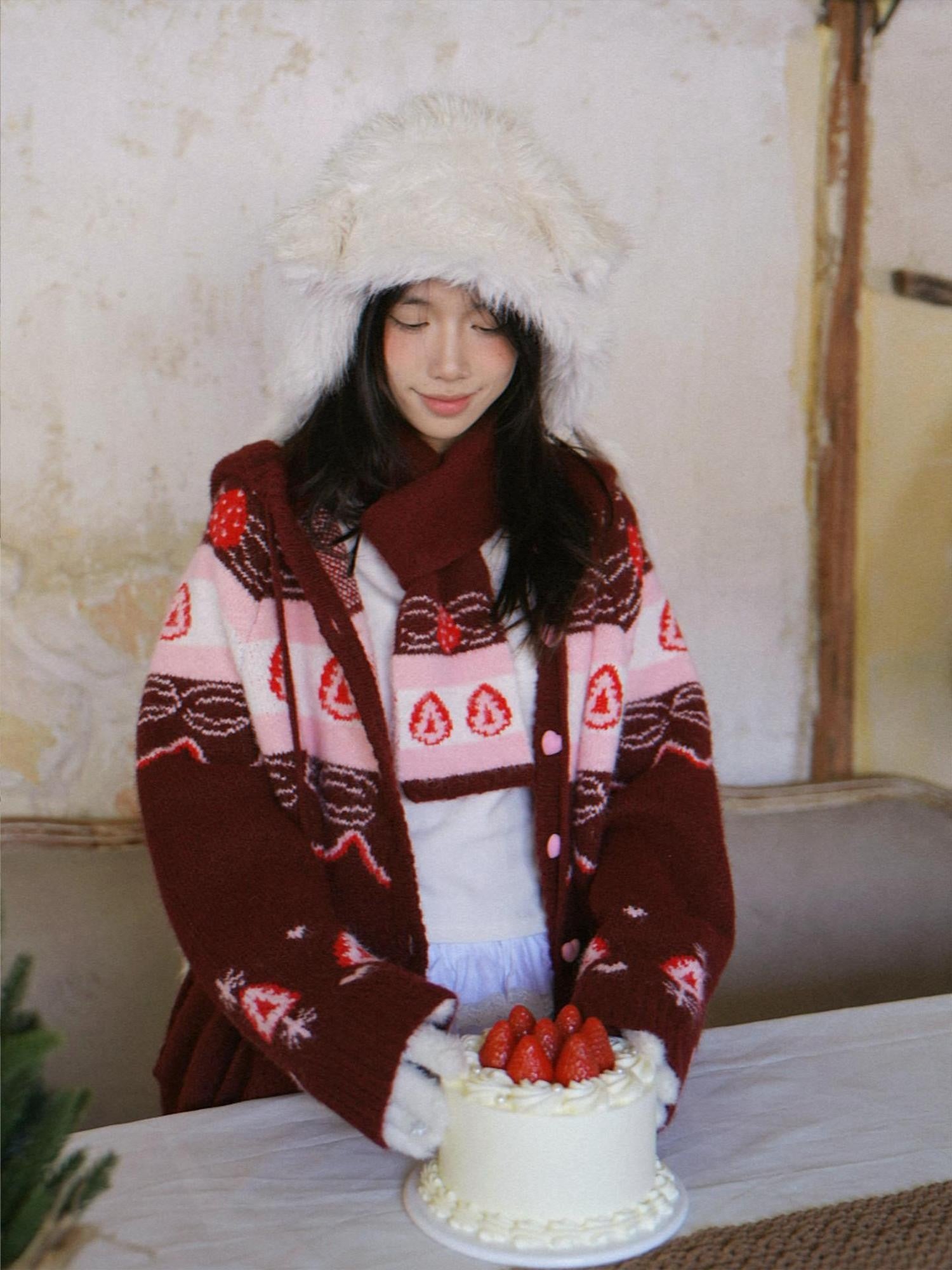 Daytoday Red Velvet Strawberry Cake Fair Isle Pom Pom Hooded Women&