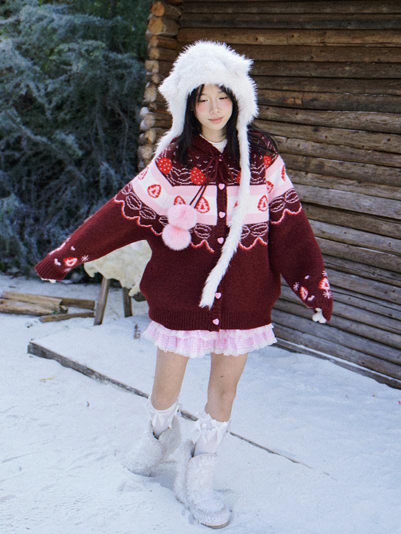 Daytoday Red Velvet Strawberry Cake Fair Isle Pom Pom Hooded Women&