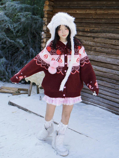 Daytoday Red Velvet Strawberry Cake Fair Isle Pom Pom Hooded Women&