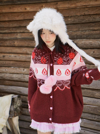 Daytoday Red Velvet Strawberry Cake Fair Isle Pom Pom Hooded Women&