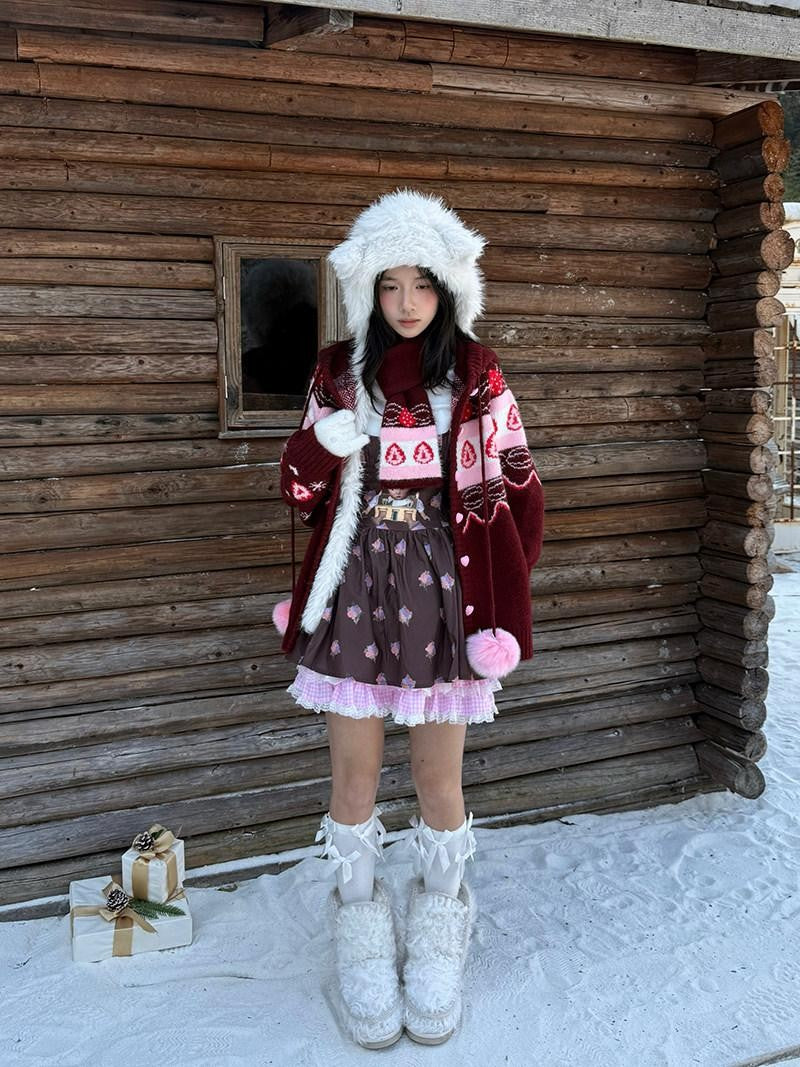 Daytoday Red Velvet Strawberry Cake Fair Isle Pom Pom Hooded Women&