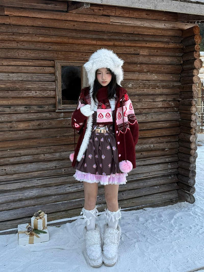 Daytoday Red Velvet Strawberry Cake Fair Isle Pom Pom Hooded Women&