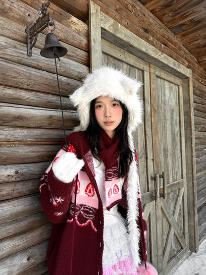 Daytoday Red Velvet Strawberry Cake Fair Isle Pom Pom Hooded Women&