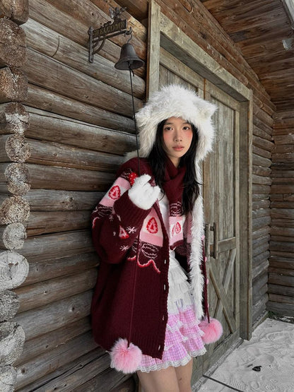 Daytoday Red Velvet Strawberry Cake Fair Isle Pom Pom Hooded Women&
