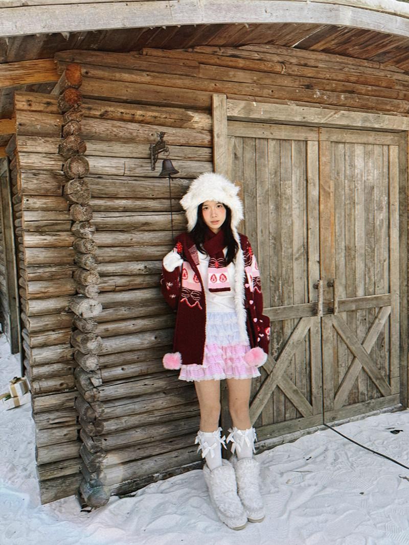 Daytoday Red Velvet Strawberry Cake Fair Isle Pom Pom Hooded Women&