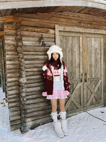 Daytoday Red Velvet Strawberry Cake Fair Isle Pom Pom Hooded Women&