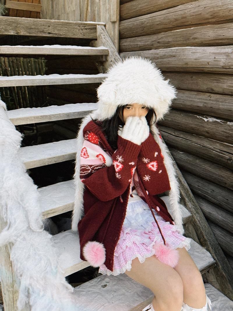 Daytoday Red Velvet Strawberry Cake Fair Isle Pom Pom Hooded Women&