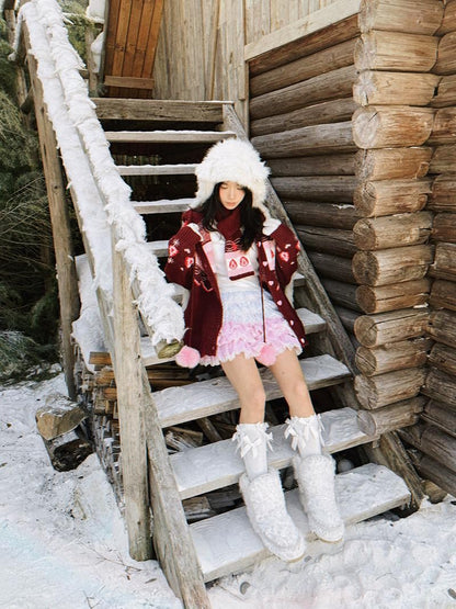 Daytoday Red Velvet Strawberry Cake Fair Isle Pom Pom Hooded Women&