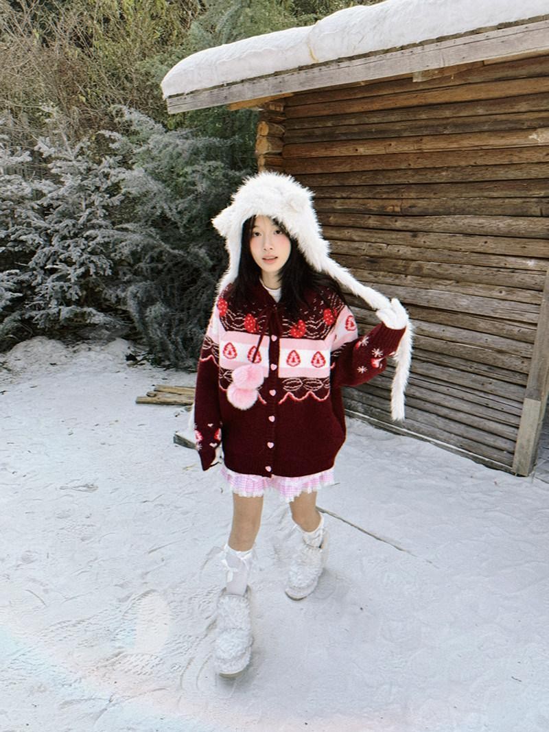 Daytoday Red Velvet Strawberry Cake Fair Isle Pom Pom Hooded Women&