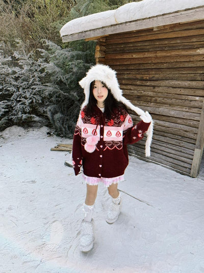 Daytoday Red Velvet Strawberry Cake Fair Isle Pom Pom Hooded Women&