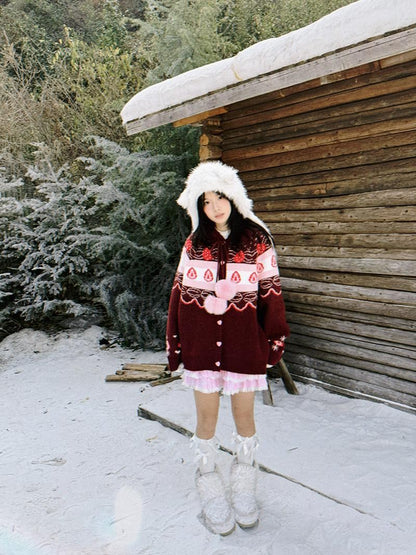 Daytoday Red Velvet Strawberry Cake Fair Isle Pom Pom Hooded Women&