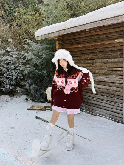 Daytoday Red Velvet Strawberry Cake Fair Isle Pom Pom Hooded Women&