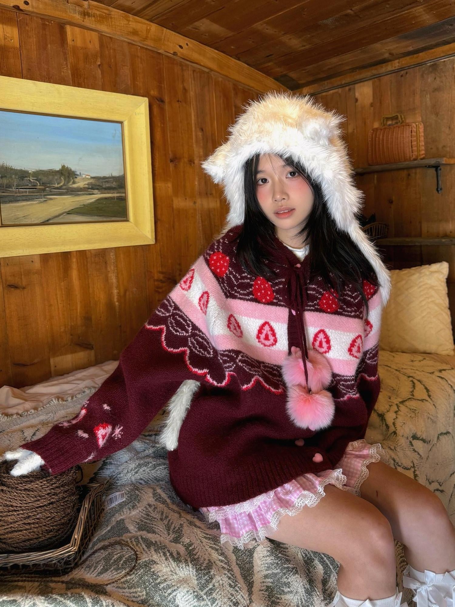 Daytoday Red Velvet Strawberry Cake Fair Isle Pom Pom Hooded Women&