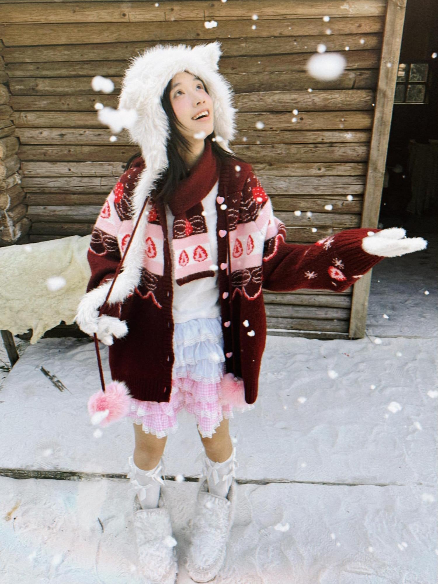 Daytoday Red Velvet Strawberry Cake Fair Isle Pom Pom Hooded Women&