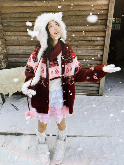 Daytoday Red Velvet Strawberry Cake Fair Isle Pom Pom Hooded Women&
