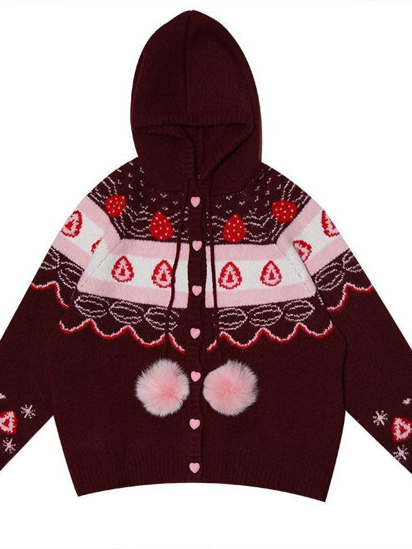 Daytoday Red Velvet Strawberry Cake Fair Isle Pom Pom Hooded Women&