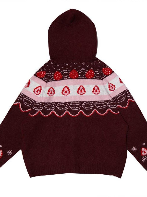 Daytoday Red Velvet Strawberry Cake Fair Isle Pom Pom Hooded Women&