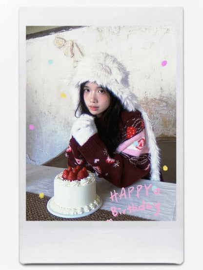 Daytoday Red Velvet Strawberry Cake Fair Isle Pom Pom Hooded Women&