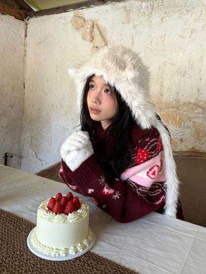 Daytoday Red Velvet Strawberry Cake Fair Isle Pom Pom Hooded Women&
