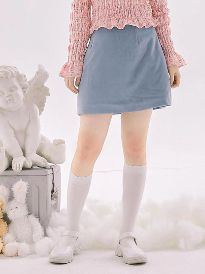 Retro Blue Velvet Padded Winter A Line Skirt