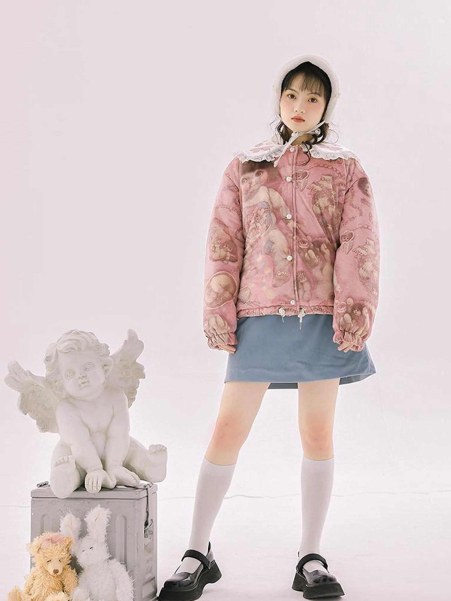 Retro Blue Velvet Padded Winter A Line Skirt