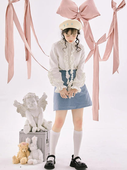 Retro Blue Velvet Padded Winter A Line Skirt