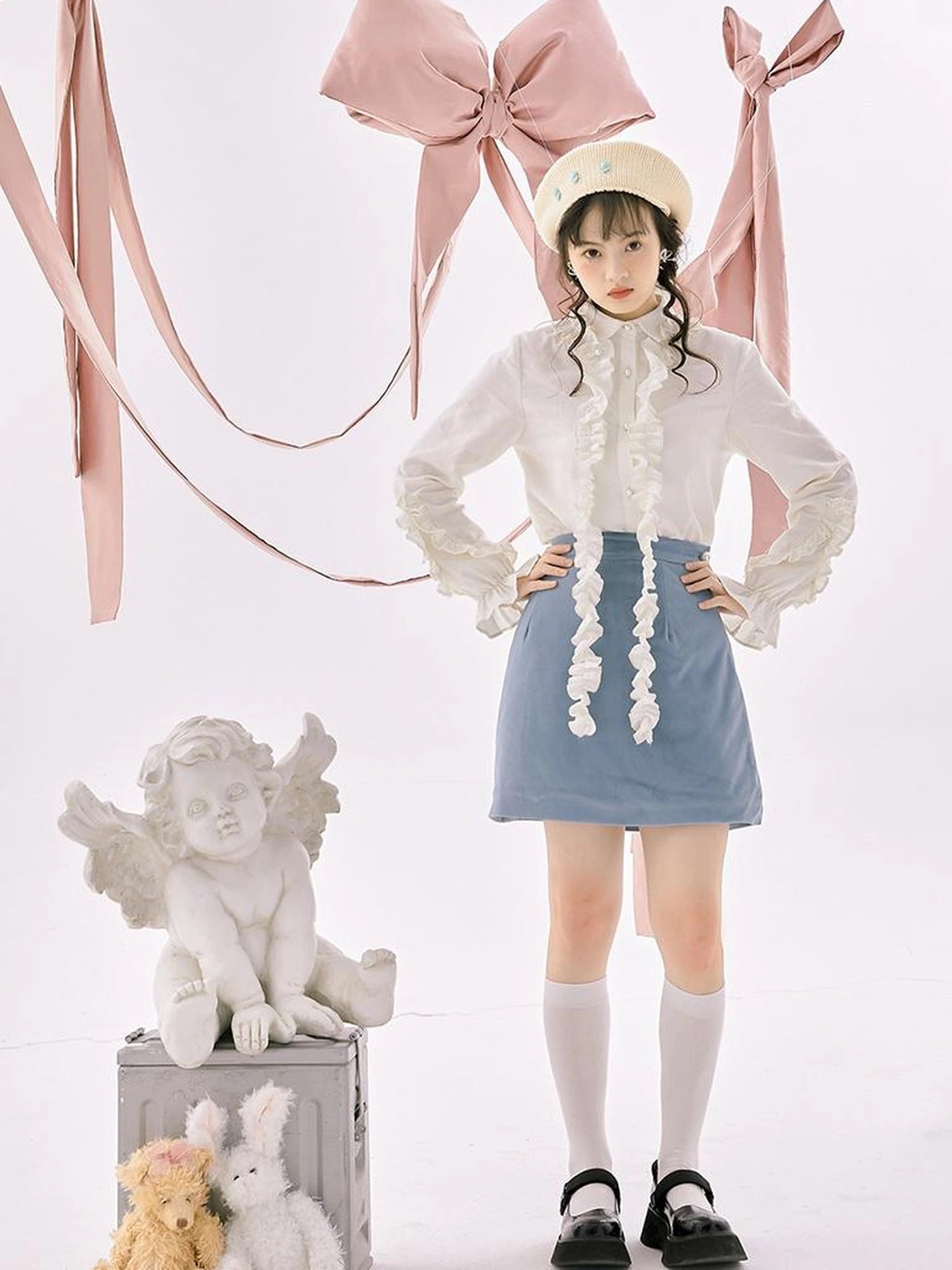 Retro Blue Velvet Padded Winter A Line Skirt