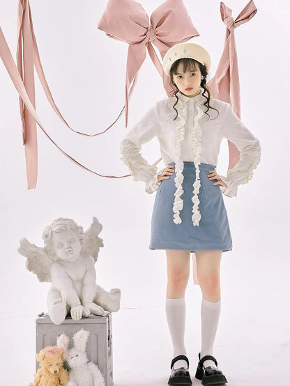 Retro Blue Velvet Padded Winter A Line Skirt