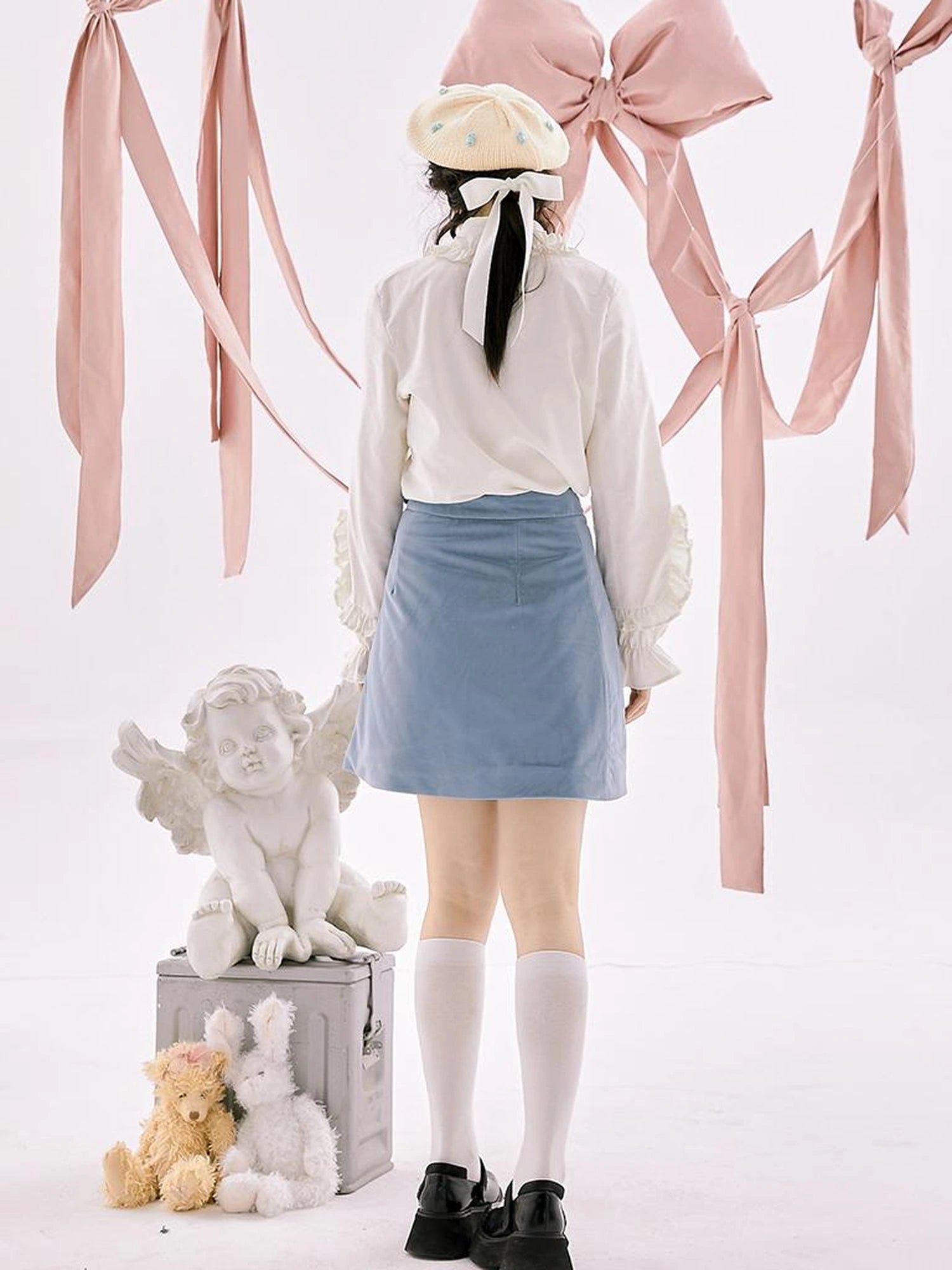 Retro Blue Velvet Padded Winter A Line Skirt