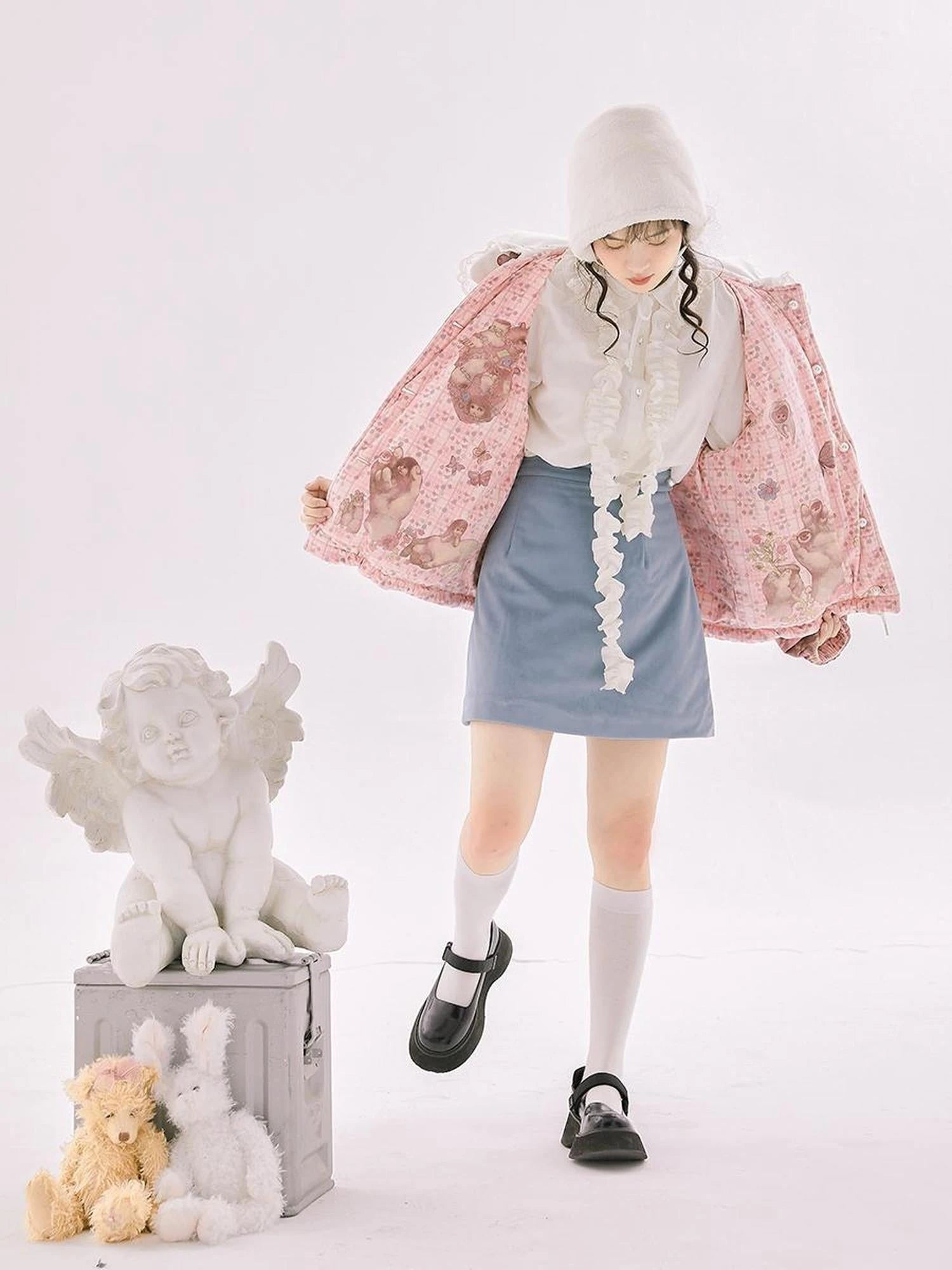 Retro Blue Velvet Padded Winter A Line Skirt