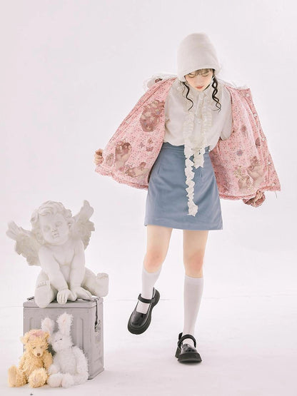 Retro Blue Velvet Padded Winter A Line Skirt