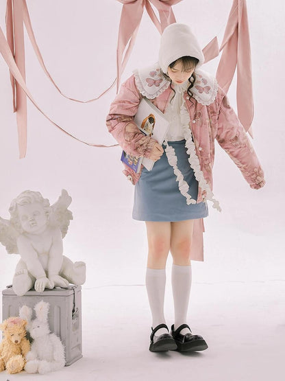 Retro Blue Velvet Padded Winter A Line Skirt