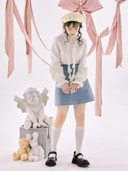 Retro Blue Velvet Padded Winter A Line Skirt