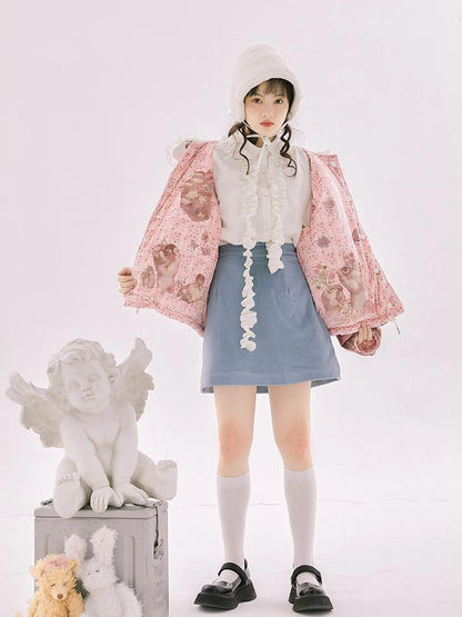 Retro Blue Velvet Padded Winter A Line Skirt