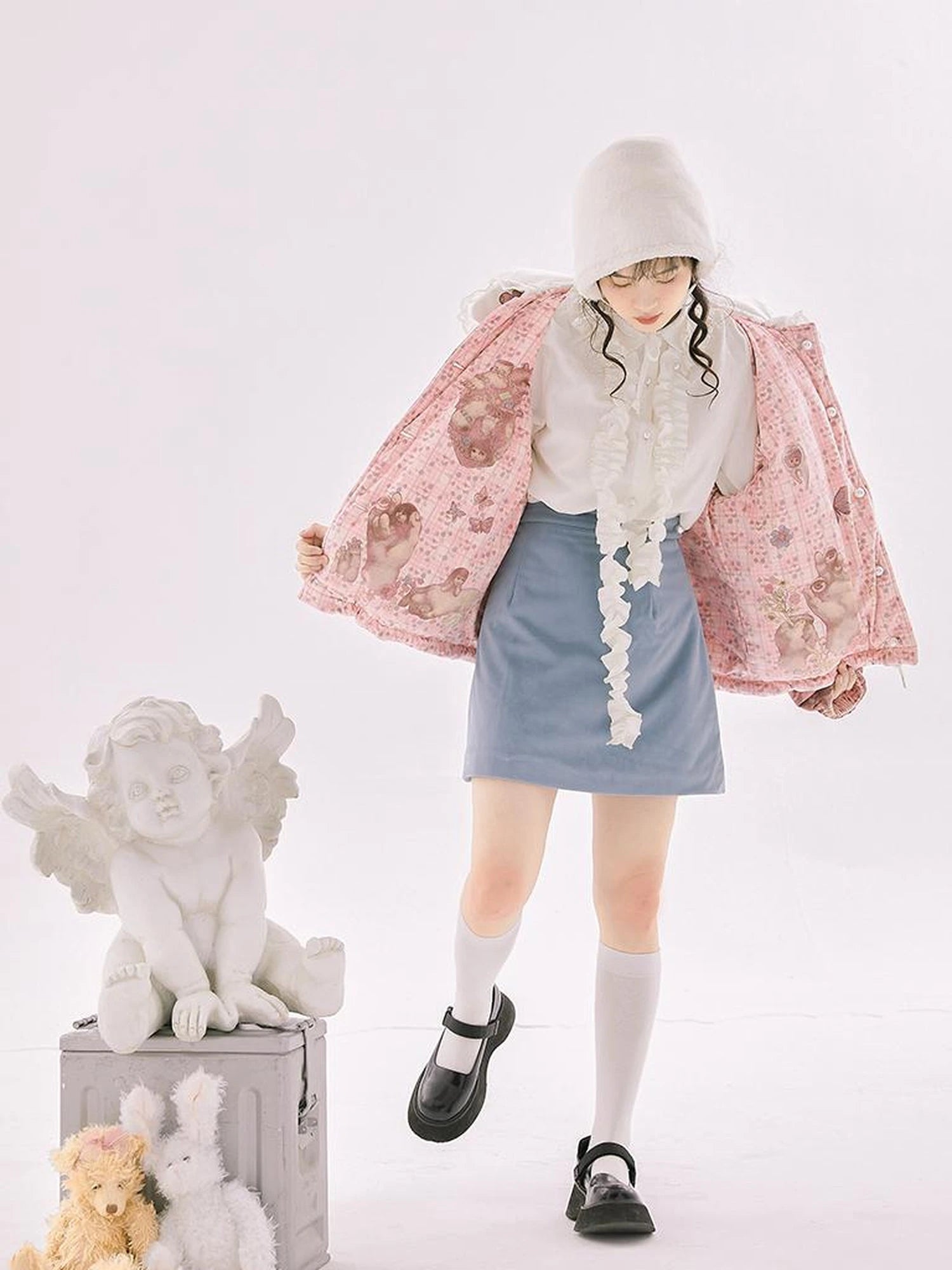 Retro Blue Velvet Padded Winter A Line Skirt