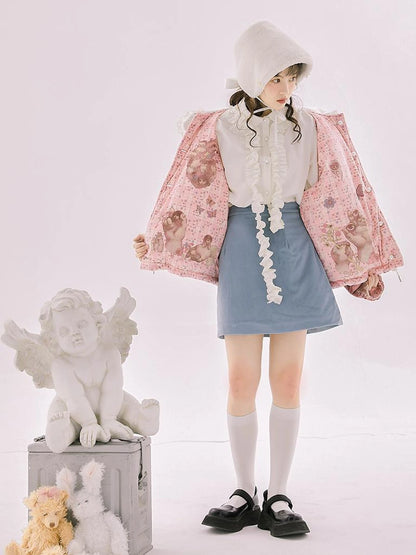 Retro Blue Velvet Padded Winter A Line Skirt