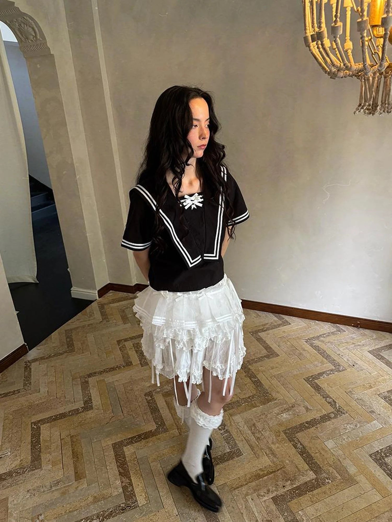 Sailor Collar Bow Wing Short Sleeve Shirt