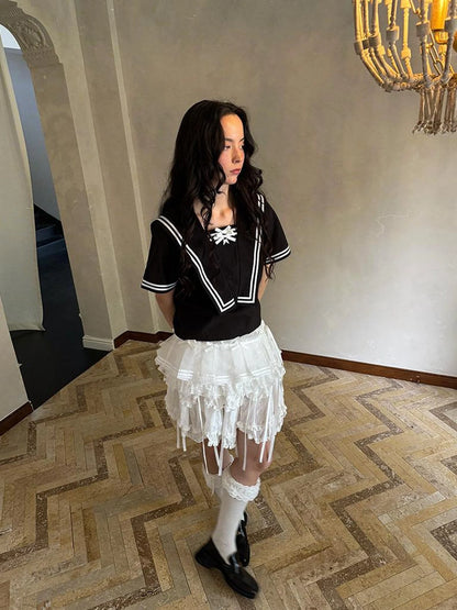 Sailor Collar Bow Wing Short Sleeve Shirt