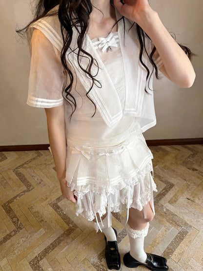 Sailor Collar Bow Wing Short Sleeve Shirt
