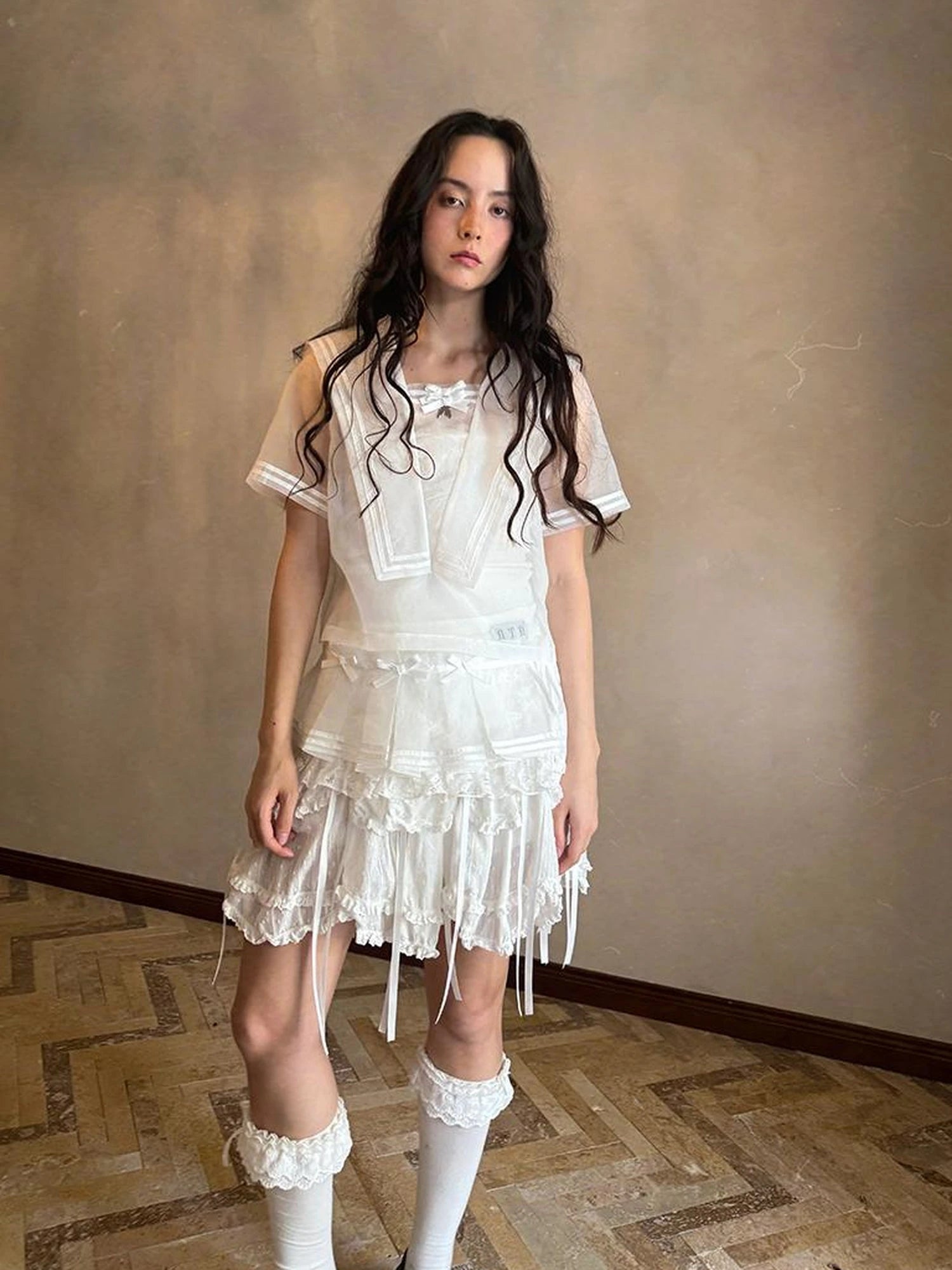 Sailor Collar Bow Wing Short Sleeve Shirt