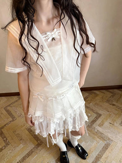 Sailor Collar Bow Wing Short Sleeve Shirt