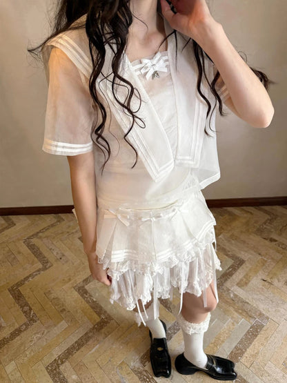 Sailor Collar Bow Wing Short Sleeve Shirt